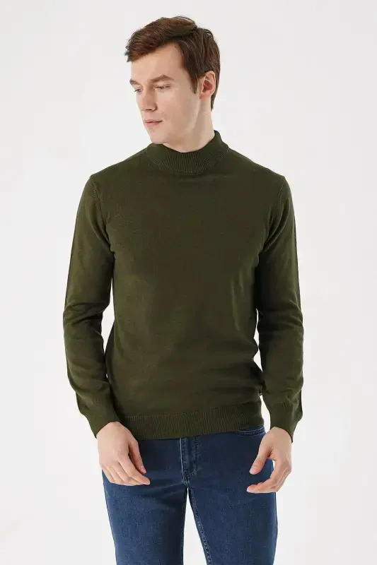 Haki Basic Dinamik Fit Rahat Kesim Yarım Balıkçı Yaka Triko Kazak - 2