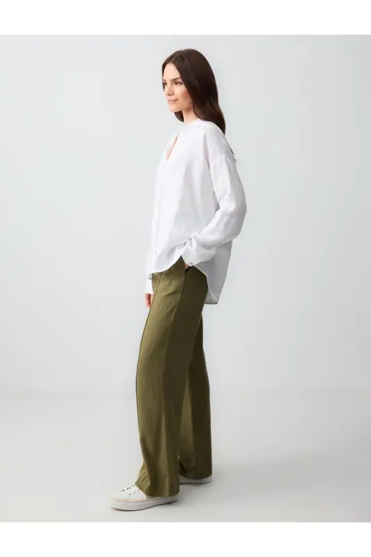 Haki Bol Paça Yüksek Bel Keten Karışımlı Pantolon - Haki - 3