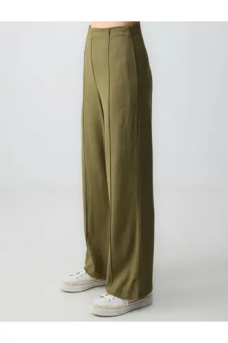 Haki Bol Paça Yüksek Bel Keten Karışımlı Pantolon - Haki - 4