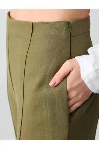 Haki Bol Paça Yüksek Bel Keten Karışımlı Pantolon - Haki - 5