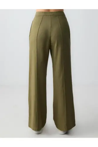 Haki Bol Paça Yüksek Bel Keten Karışımlı Pantolon - Haki - 6