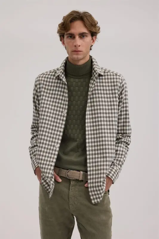 Haki Classic Fit Kareli %100 Pamuk Gömlek - 1