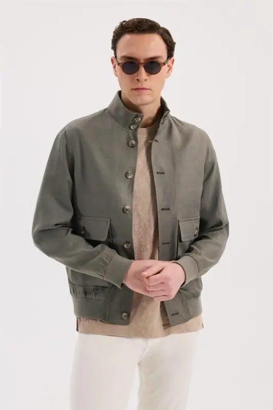 Haki Comfort Fit %100 Keten Mevsimlik Dik Yaka Mont - 1