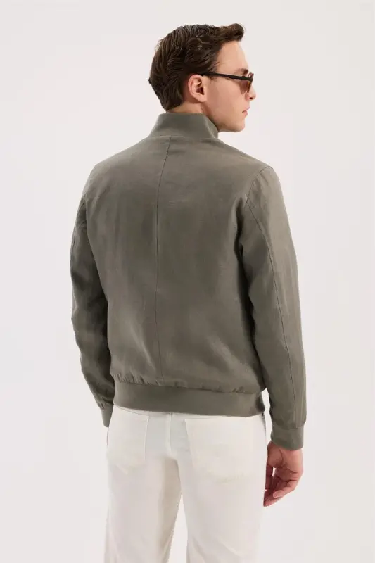 Haki Comfort Fit %100 Keten Mevsimlik Dik Yaka Mont - 4