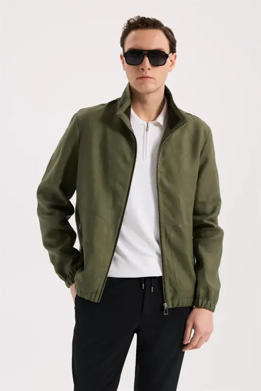 Haki Comfort Fit %100 Keten Mevsimlik Spor Mont - JAKAMEN