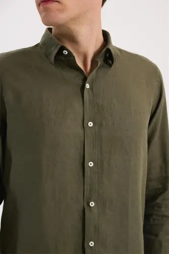 Haki Comfort Fit Cepli Çıtçıtlı %100 Pamuk Kot Gömlek - 3