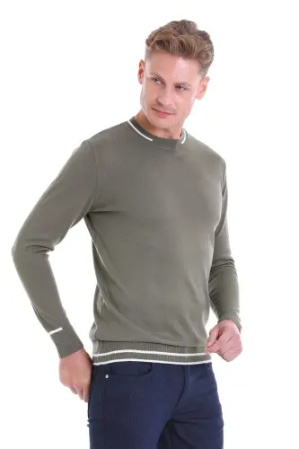 Haki Comfort Fit Desenli Bisiklet Yaka Yünlü Yün Kazak - Haki - HATEMOĞLU (1)