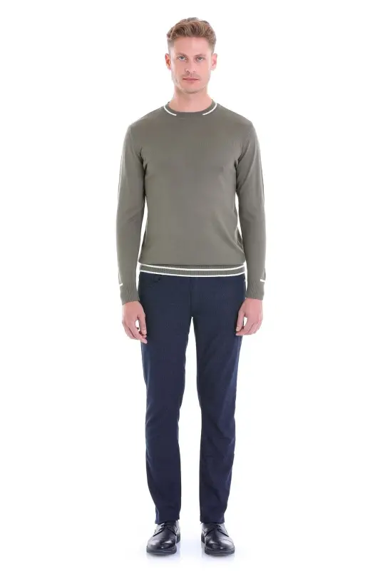 Haki Comfort Fit Desenli Bisiklet Yaka Yünlü Yün Kazak - Haki - 4