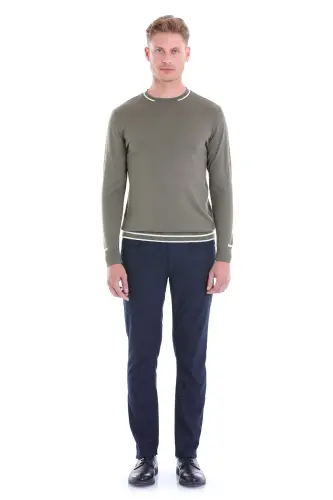 Haki Comfort Fit Desenli Bisiklet Yaka Yünlü Yün Kazak-Haki - 4