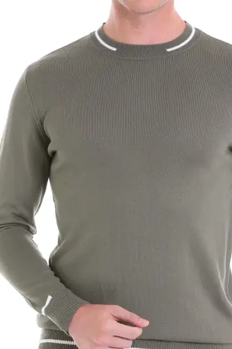 Haki Comfort Fit Desenli Bisiklet Yaka Yünlü Yün Kazak-Haki - 5