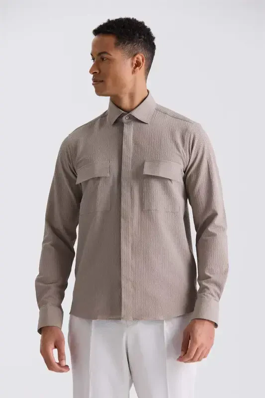 Haki Comfort Fit Desenli Spor Gömlek - 1