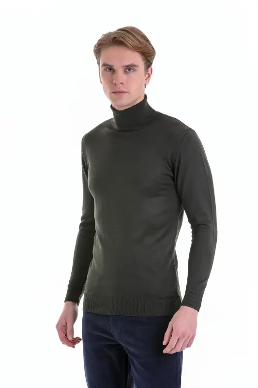 Haki Comfort Fit Düz Bisiklet Yaka Yünlü Triko Kazak-Haki - HATEMOĞLU