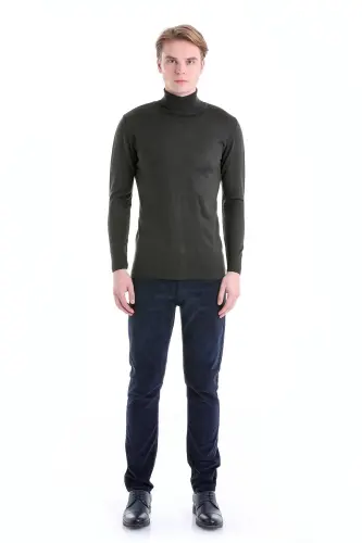 Haki Comfort Fit Düz Bisiklet Yaka Yünlü Triko Kazak-Haki - 4