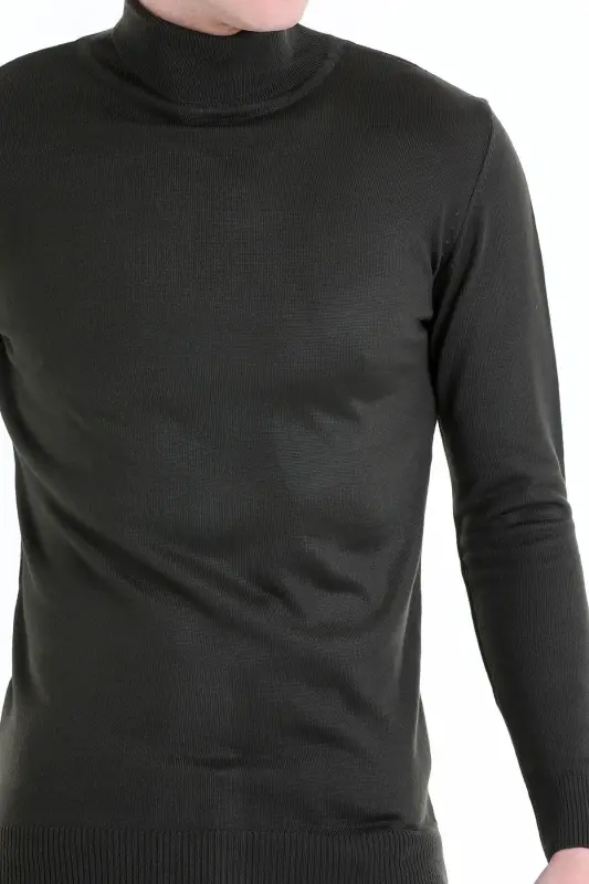 Haki Comfort Fit Düz Bisiklet Yaka Yünlü Triko Kazak-Haki - 5