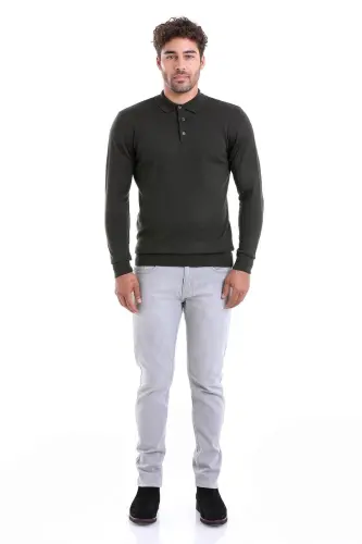 Haki Comfort Fit Düz Polo Yaka Yünlü Yün Kazak-Haki - 4