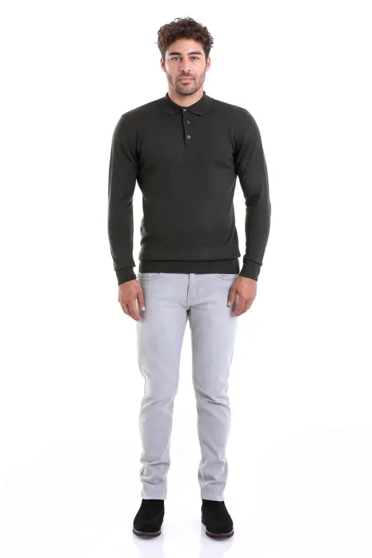 Haki Comfort Fit Düz Polo Yaka Yünlü Yün Kazak-Haki - 4