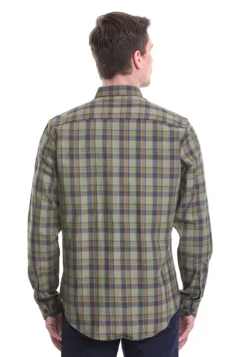 Haki Comfort Fit Kareli 100% Pamuklu Düğmeli Yaka Uzun Kollu Klasik Gömlek-Haki - 5