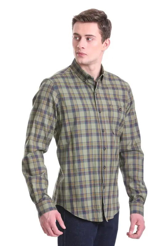 Haki Comfort Fit Kareli 100% Pamuklu Düğmeli Yaka Uzun Kollu Klasik Gömlek-Haki - 2