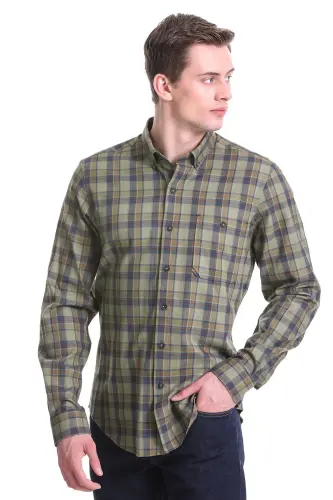 Haki Comfort Fit Kareli 100% Pamuklu Düğmeli Yaka Uzun Kollu Klasik Gömlek-Haki - 3