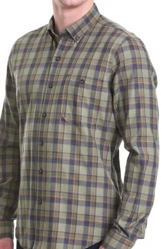 Haki Comfort Fit Kareli 100% Pamuklu Düğmeli Yaka Uzun Kollu Klasik Gömlek-Haki - 4