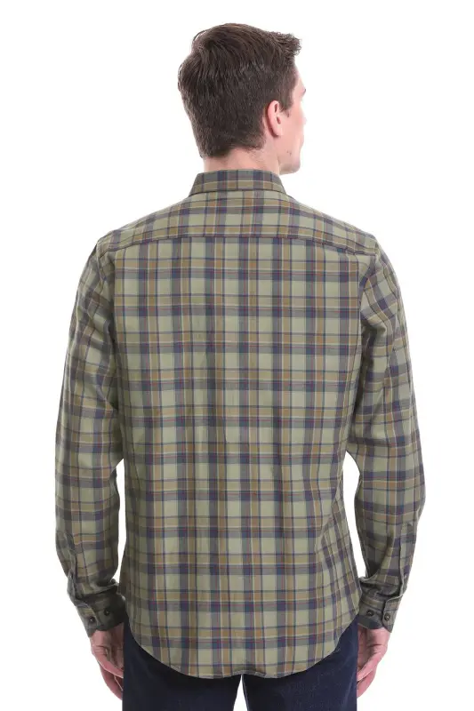 Haki Comfort Fit Kareli 100% Pamuklu Düğmeli Yaka Uzun Kollu Klasik Gömlek-Haki - 5