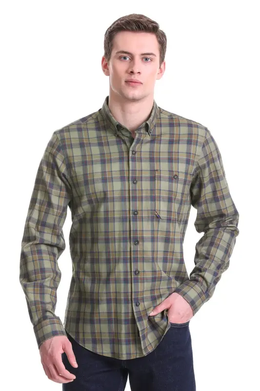 Haki Comfort Fit Kareli 100% Pamuklu Düğmeli Yaka Uzun Kollu Klasik Gömlek-Haki - HATEMOĞLU