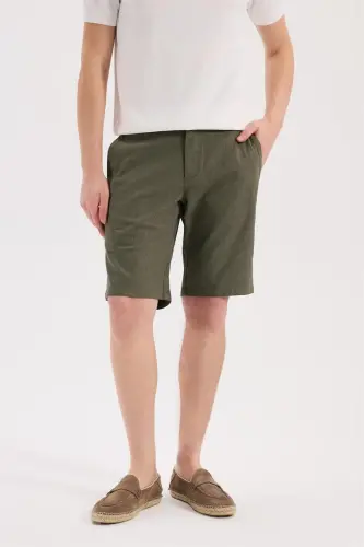 Haki Comfort Fit Keten Dokulu Rahat Kesim Pamuklu Şort 