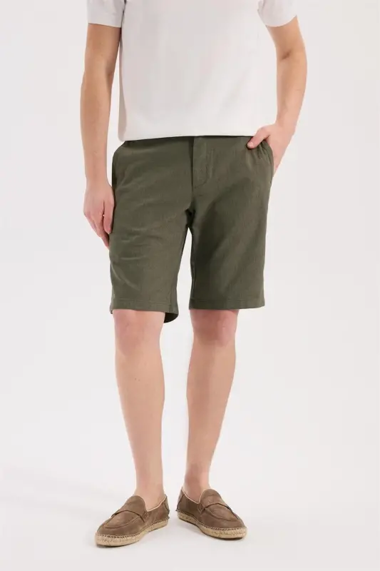 Haki Comfort Fit Keten Dokulu Rahat Kesim Pamuklu Şort - 1