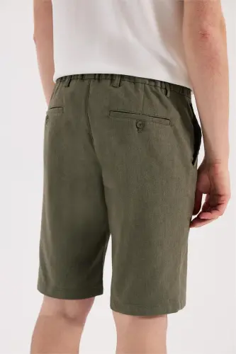 Haki Comfort Fit Keten Dokulu Rahat Kesim Pamuklu Şort - 3