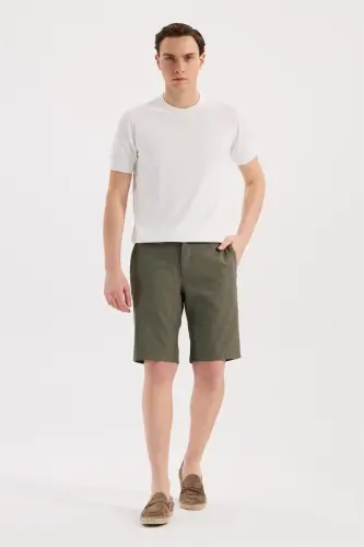 Haki Comfort Fit Keten Dokulu Rahat Kesim Pamuklu Şort - JAKAMEN (1)