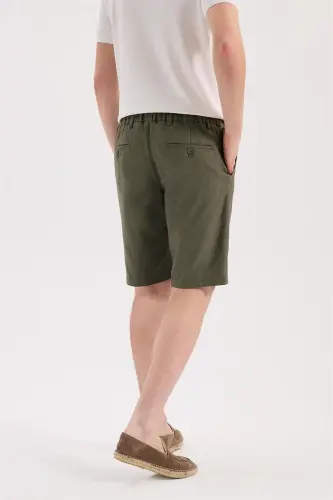 Haki Comfort Fit Keten Dokulu Rahat Kesim Pamuklu Şort - 4