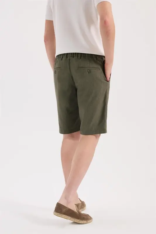 Haki Comfort Fit Keten Dokulu Rahat Kesim Pamuklu Şort - 4