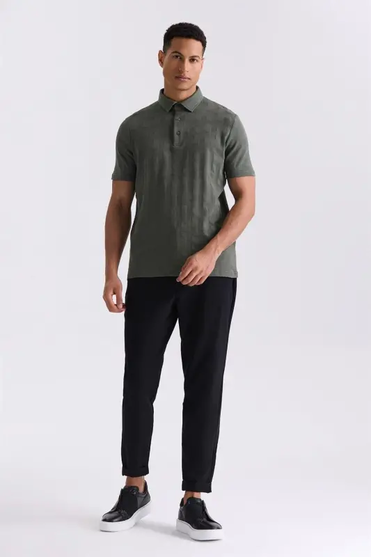 Haki Slim Fit Desenli Polo Yaka T-Shirt - 4