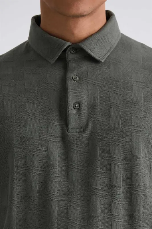 Haki Slim Fit Desenli Polo Yaka T-Shirt - 1