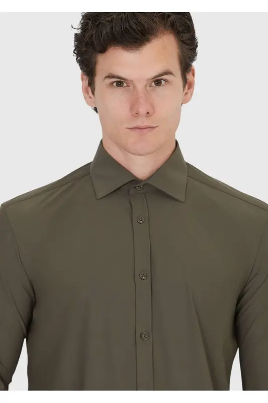 Haki Düz Regular Fit Dokuma Klasik Gömlek-Haki - 3