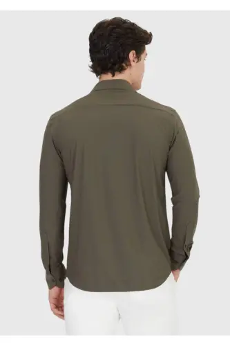 Haki Düz Regular Fit Dokuma Klasik Gömlek-Haki - 5