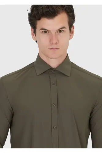 Haki Düz Regular Fit Dokuma Klasik Gömlek-Haki - 3
