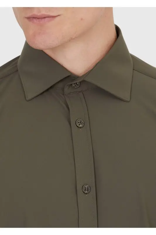 Haki Düz Regular Fit Dokuma Klasik Gömlek-Haki - 4