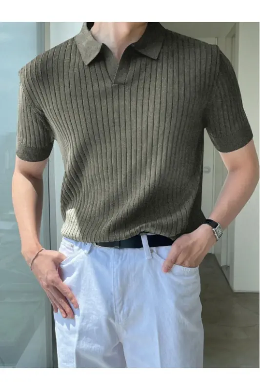Haki Erkak Fitilli Polo Yoqali Trikotaj T-Shirt-Haki - 1