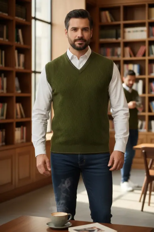 Haki Erkak V Yoqali Triko To'quv Tuksiz Jumper Regular Fit Soch O'rgilishi Naqshli-Haki - 1