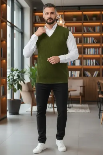 Haki Erkak V Yoqali Triko To'quv Tuksiz Jumper Regular Fit Soch O'rgilishi Naqshli-Haki - 3