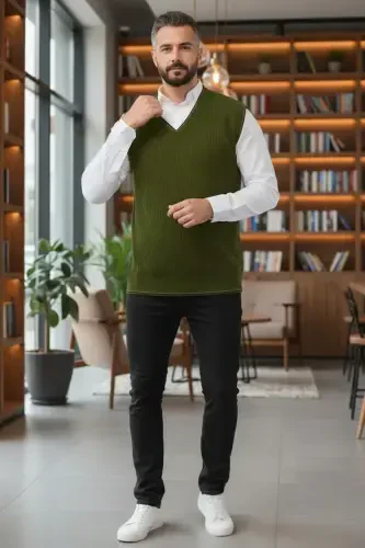 Haki Erkek V Yaka Triko Örgü Tüylenmez Süveter Regular Fit Saç Örgü Desenli-Haki - 3