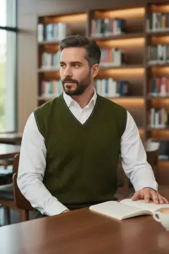 Haki Erkek V Yaka Triko Örgü Tüylenmez Süveter Regular Fit Saç Örgü Desenli-Haki - 4