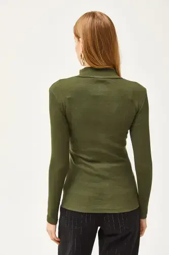 Haki Fermuarlı Balıkçı Yaka Likralı Bluz BLZ-19001155-Haki - OLALOOK (1)