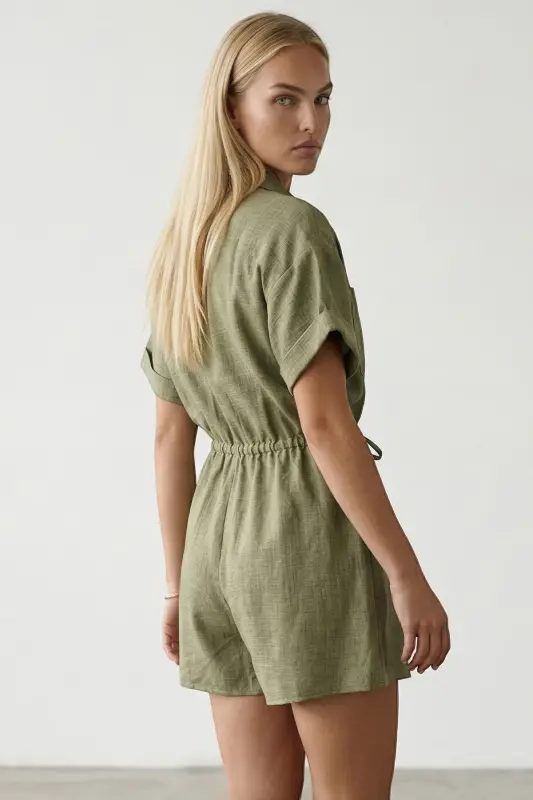 Haki Gömlek Yaka Çift Cepli Keten Şort Tulum-HAKİ - 4