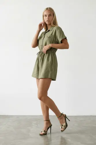 Haki Gömlek Yaka Çift Cepli Keten Şort Tulum-HAKİ - TREND ALAÇATI STILI (1)