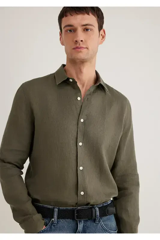 Haki Keten Gömlek Slim Fit / Dar Kesim 0211466-71546-Yeşil - 1