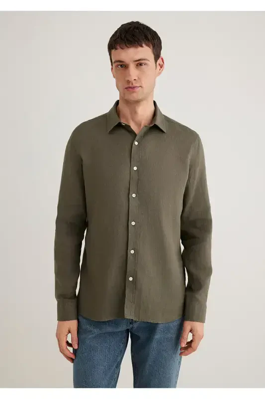 Haki Keten Gömlek Slim Fit / Dar Kesim 0211466-71546-Yeşil - 3
