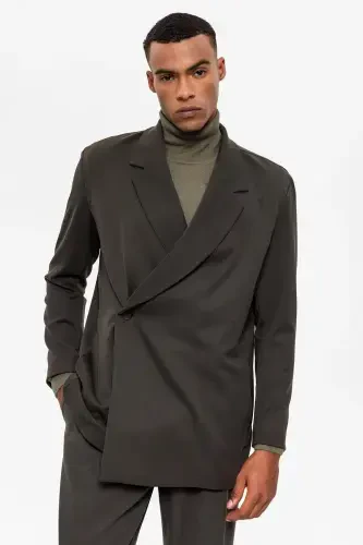 Haki Kruvaze Kapama Gizli Cep Erkek Blazer Ceket-Haki - 2