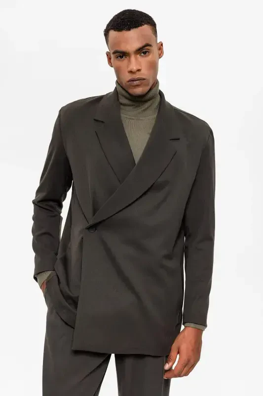 Haki Kruvaze Kapama Gizli Cep Erkek Blazer Ceket-Haki - 2